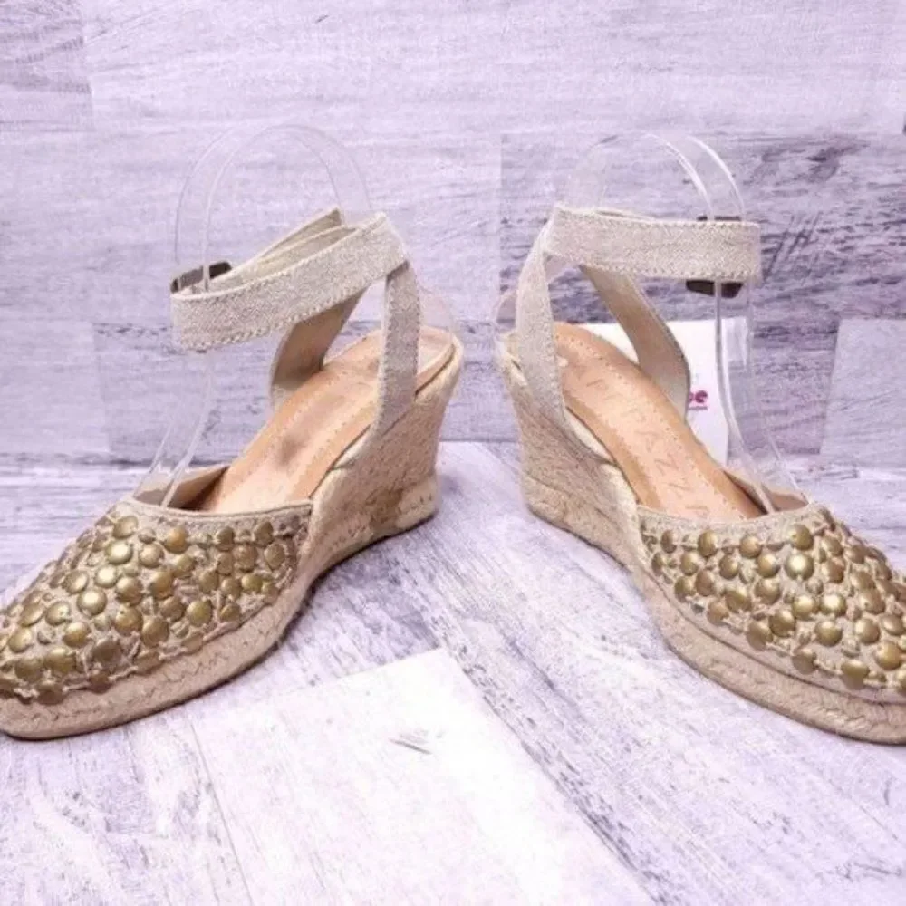 Apepazza Studded Ankle Wrap Espadrille Wedge Sandal Tan sz 38 Women's sz 8 - Picture 5 of 10